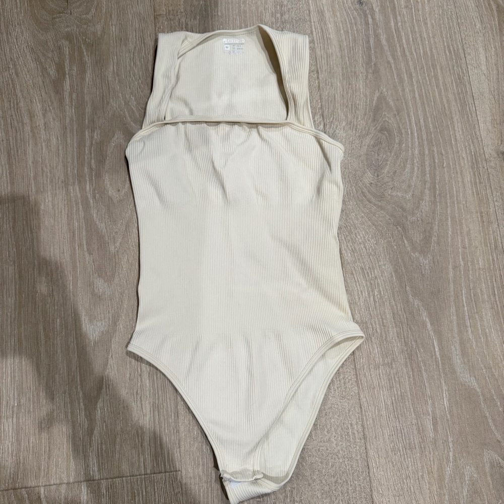 OQQ Ribbed Cream Square neck Sleeveless Bodysuit
